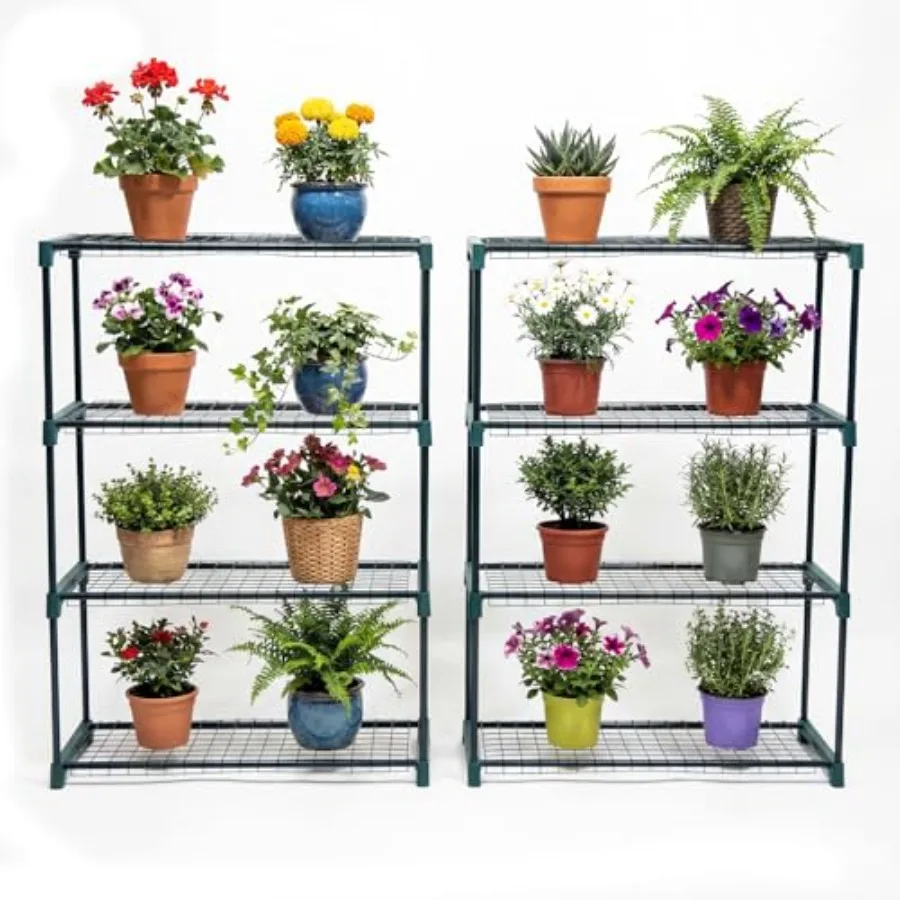 

4 Tier Garden Greenhouse Steel Staging Shelving Plant Stand: Galvanized Steel Green Heavy-Duty Stackable for Indoor/Outdoor Use
