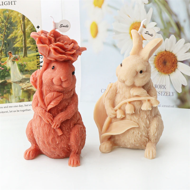 New 3D Rabbit Silicone Candle Mold Easter Bunnies Shape Fondant Cake Decorating Mould Flower Rabbit Aromatherapy Plaster Mold