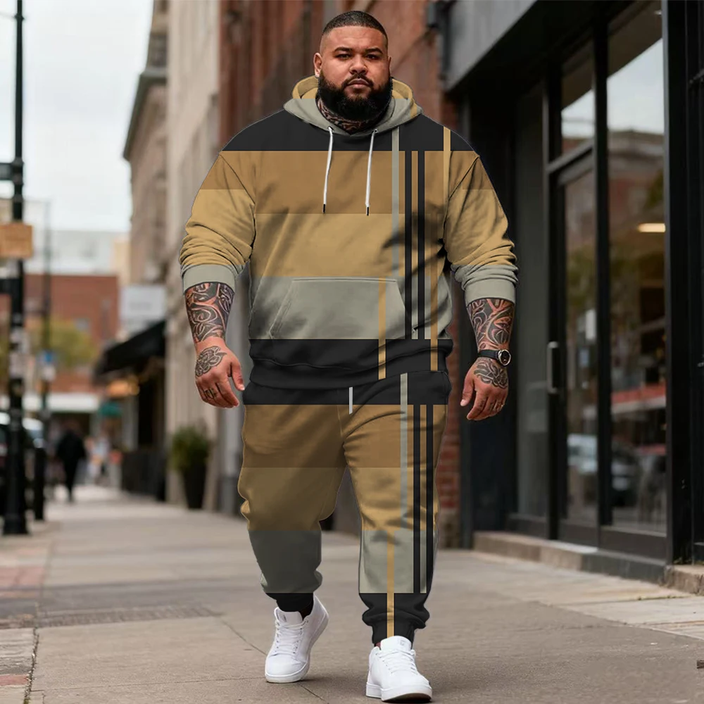 

S-9xl Комплект толстовок больших размеров с большими и высокими линиями в клетку — повседневная одежда из двух предметов, прочная ткань, линейные принты, подходит для повседневного ношения