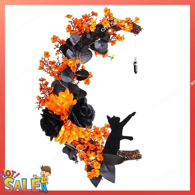 ABCL Ghirlanda per gatti illuminata con ghirlanda per porta lunare di Halloween con rose nere e fiori gialli per bomboniere sulla porta d'ingresso