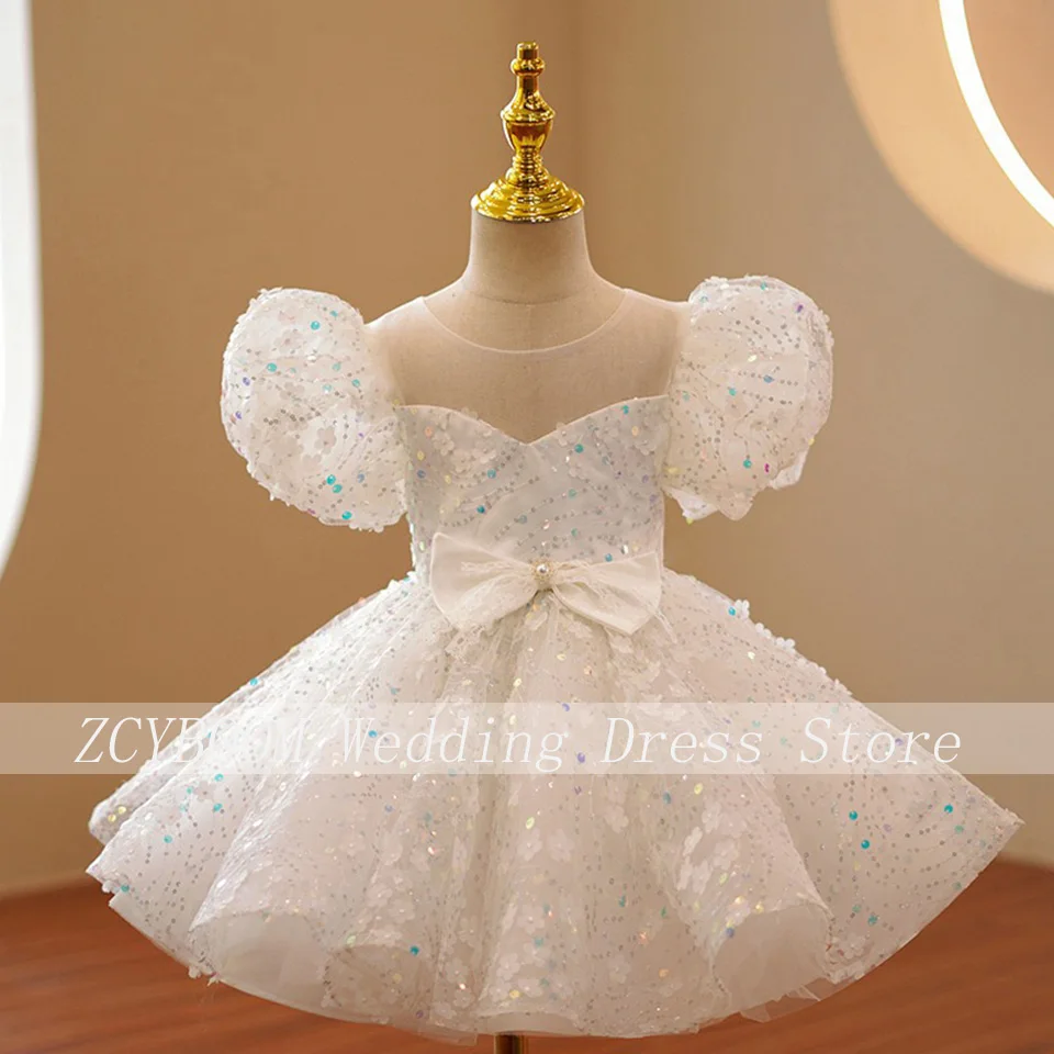 Customized Lovely Ball Gown Sequin Puff Sleeves Flower Girl Dress For Wedding 2024 Tulle Bow First Communion Dress Pageant Gown