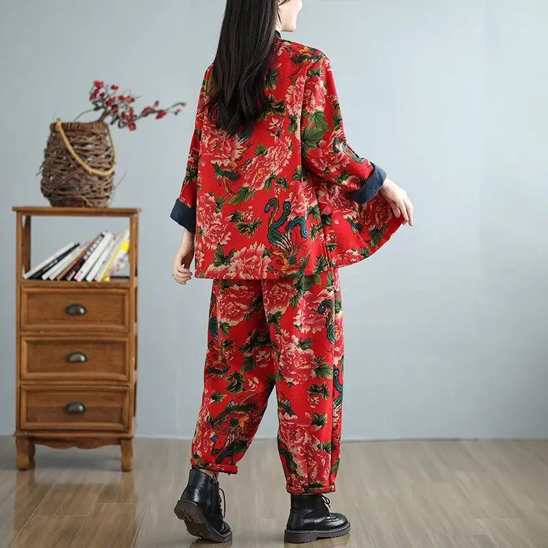 Ropa de invierno de estilo étnico del noreste, chaqueta de algodón cálida de lana gruesa con flores grandes, conjunto de pantalones, chándales de dos piezas A594, 2024