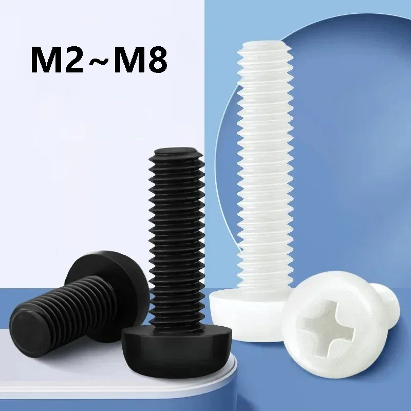 10~50Pcs Black/White Cross Recessed Round Head Machine Screw M2 M2.5 M3 M4 M5 M6 M8 Nylon Plastic Insulation Phillips Screw Bolt
