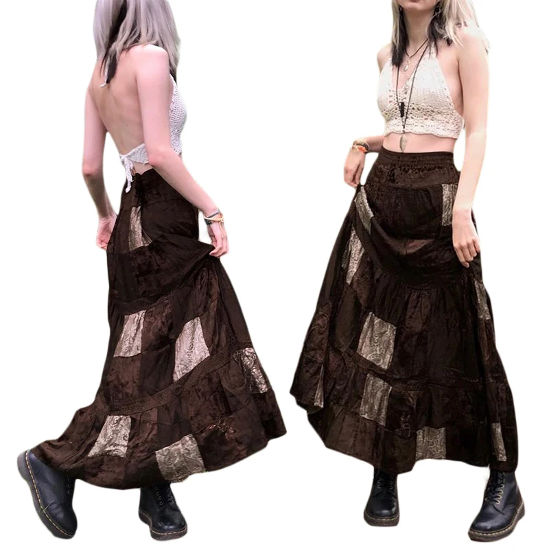 Women Ladies Long Summer Skirt Printed Boho Style Grunge Fairycore Retro Skirt Kawaii Holiday Brown Pleated Elegant Skirts