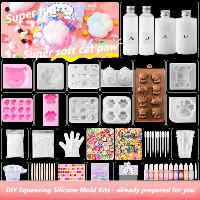 Molde de Silicona Líquida con Forma de Pata de Gato y Conejo, Kit para Hacer Slime Antiestrés, Manualidades para Niños, Juguete Educativo Creativo, Set de Pegamento AB