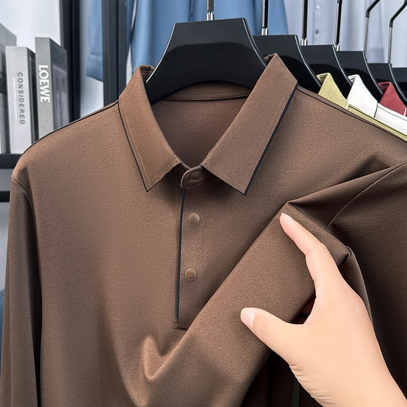 

Мужская рубашка поло оригинального дизайна без следов с цветным воротником и длинным рукавом, осенняя футболка с лацканами, деловая повседневная трендовая мужская одежда