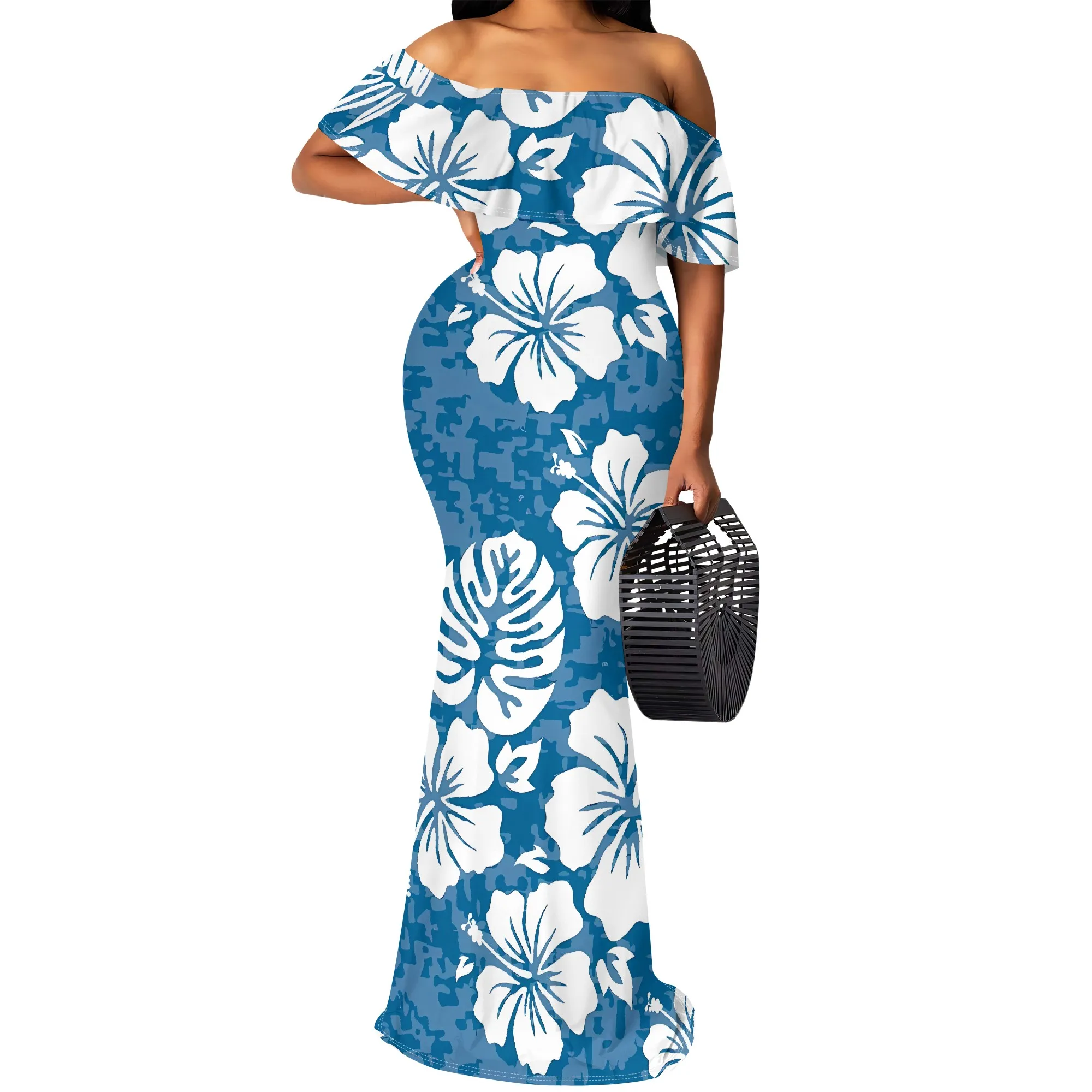 فستان Nupusa Hibiscus Print للنساء مقاس عادي صيفي كاجوال بدون أكتاف