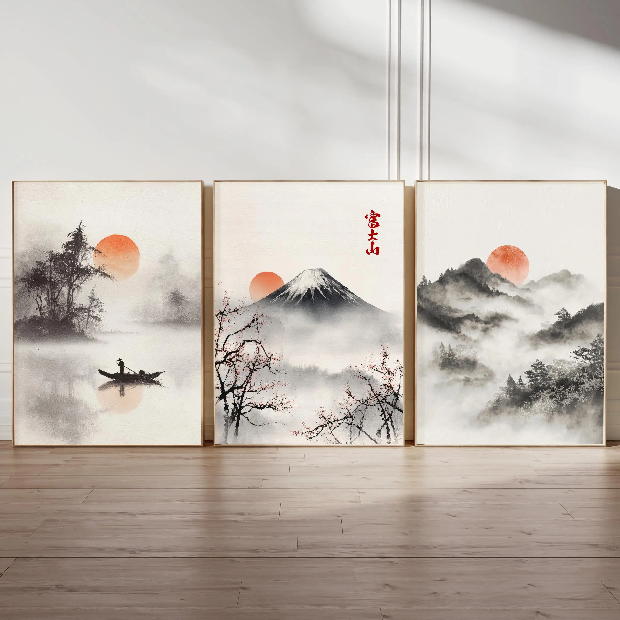 3pcs frameless Canvas Painting Japanese Wall Art Mount Fuji Print Set of 3 Minimalist Landscape Poster Ink Wash Painting Cherry