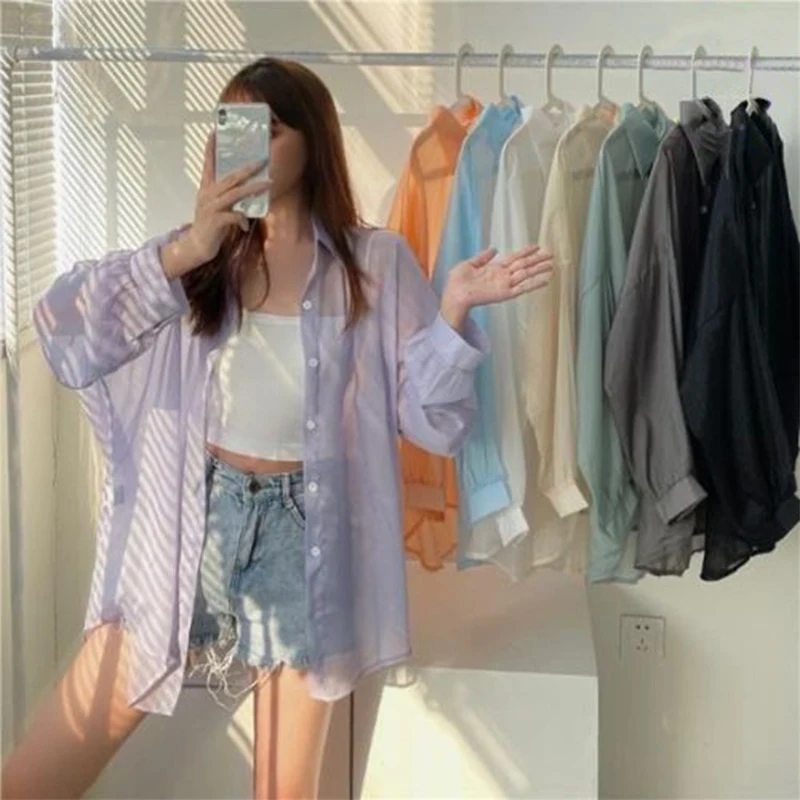 Summer Women Thin Chiffon Shirts Loose Long Sleeve Jacket Sun Protection Shirt Solid Korean Outdoor Beach Holiday Ladies Tops