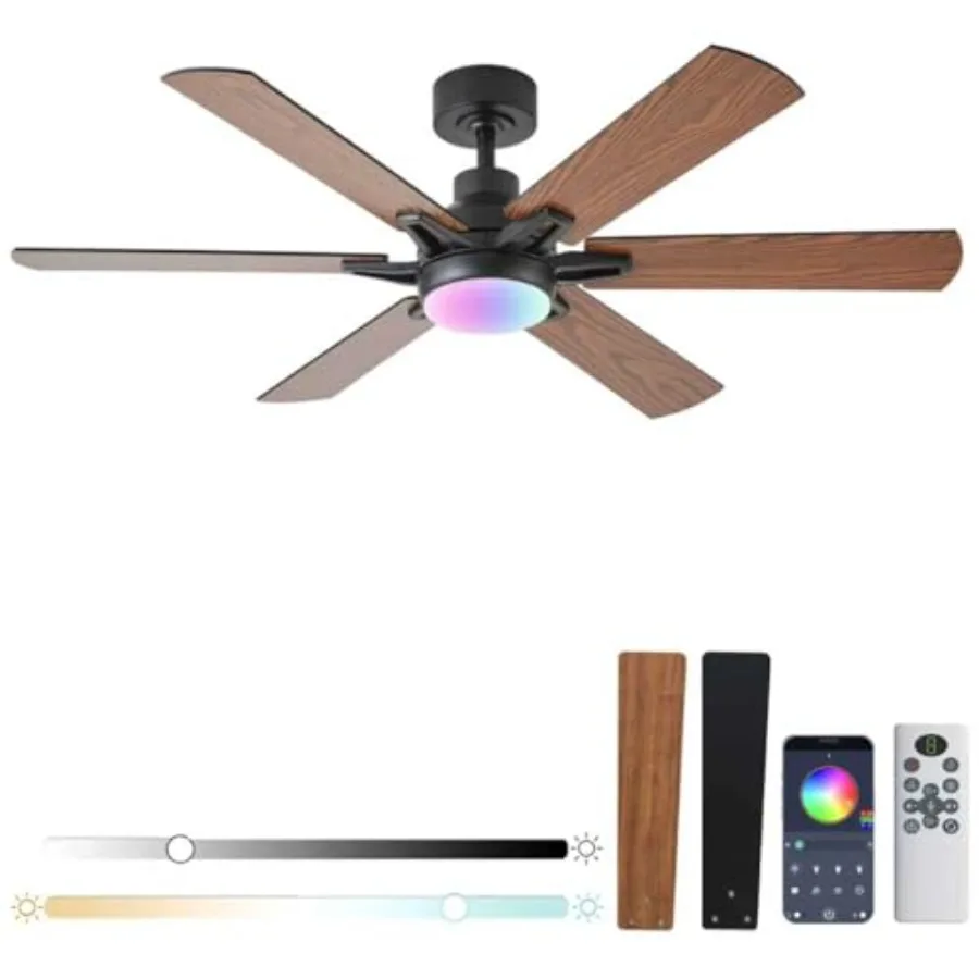 

52in Ceiling Fans with Lights RGB Ceiling Fan with Light and Remote/APP Control, Low Profile Ceiling Fans with Lights for Bedro