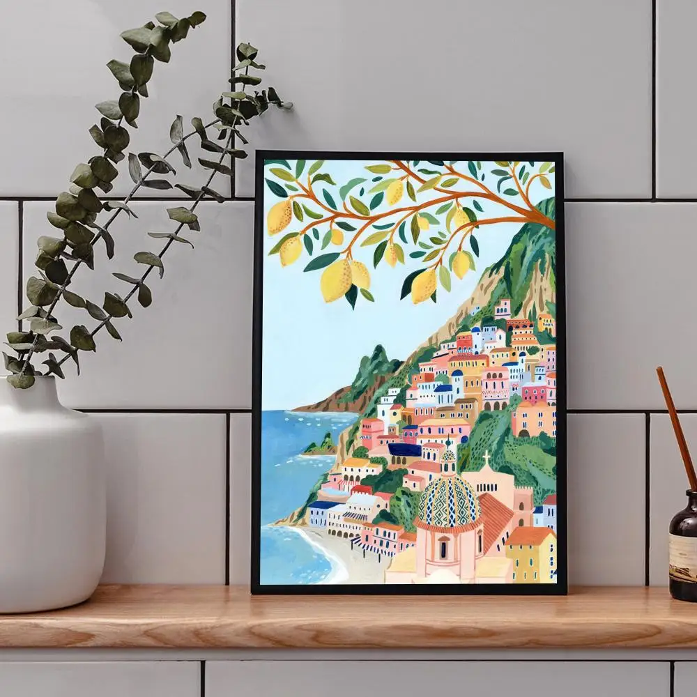 Landscape Nordic Posters And Prints Barcelona Santorini Positano Posters Vintage Room Bar Cafe Decor Stickers Wall Painting