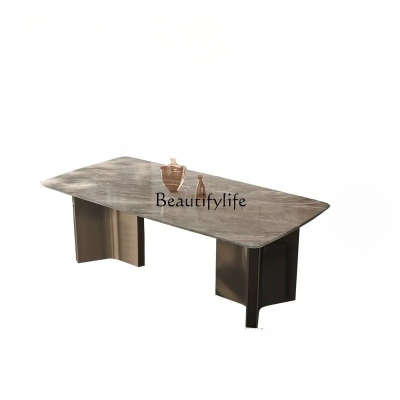 

Modern light luxury microcrystalline stone dining table living room home rock slab dining table and chair combination