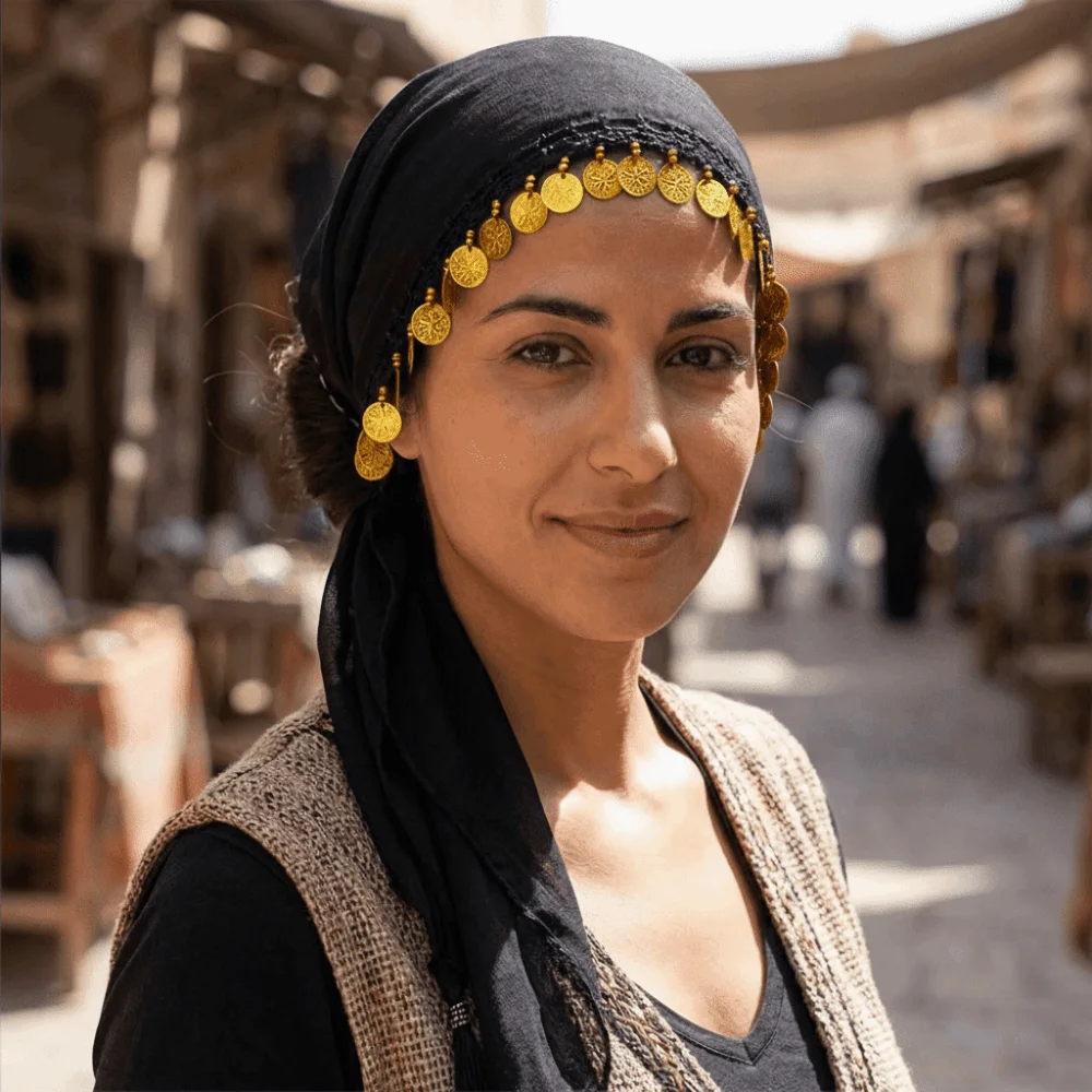 

Pretty Belly Dance Accessories Traditional Veil Coin Headscarf Crochet Ethnic Pattern Dance Costume Headwear Stage Performance