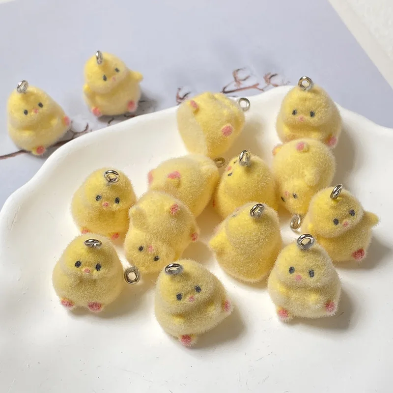 1/10/20/30pcs Kawaii Small Yellow Chicken Resin Charms Flocked Animal Pendant Earring Keychains Diy Jewelry Make Mini Flocking