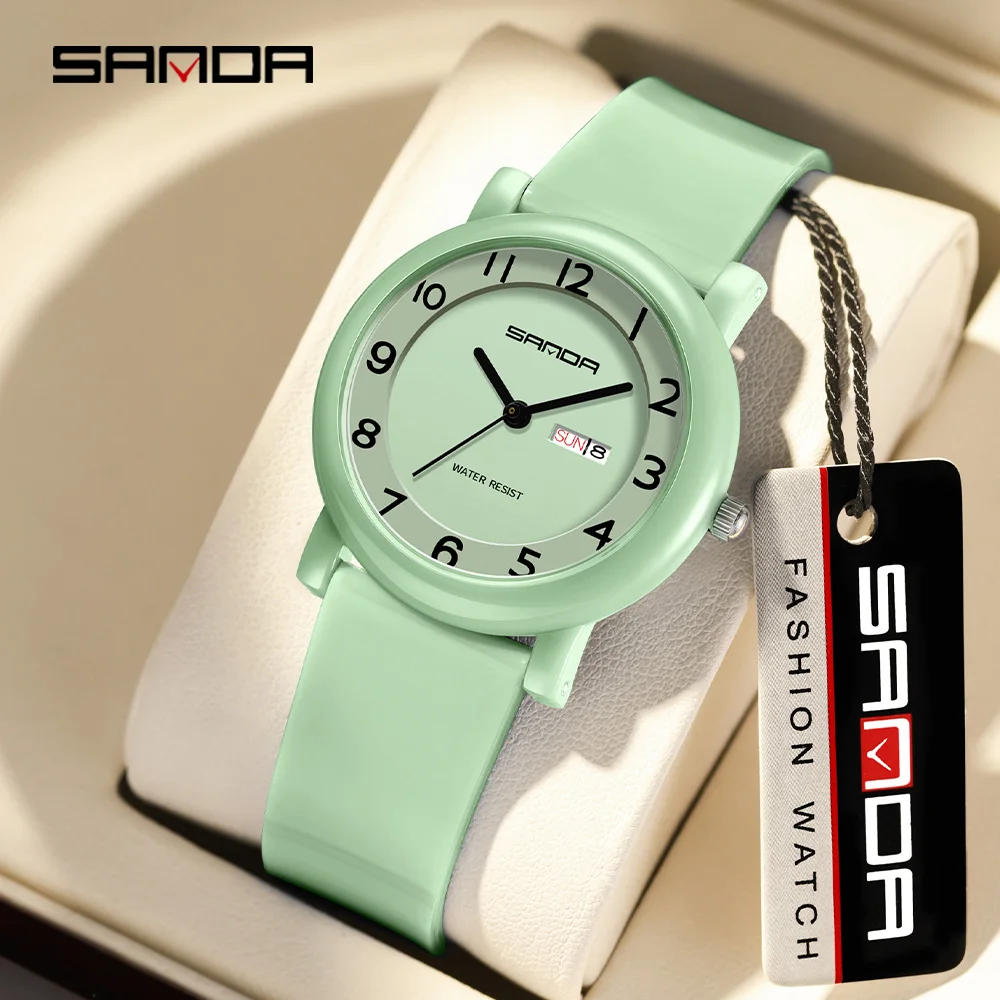 SANDA 3255 waterproof quartz watch for children and students dual calendar display simple and stylish student watch 2024