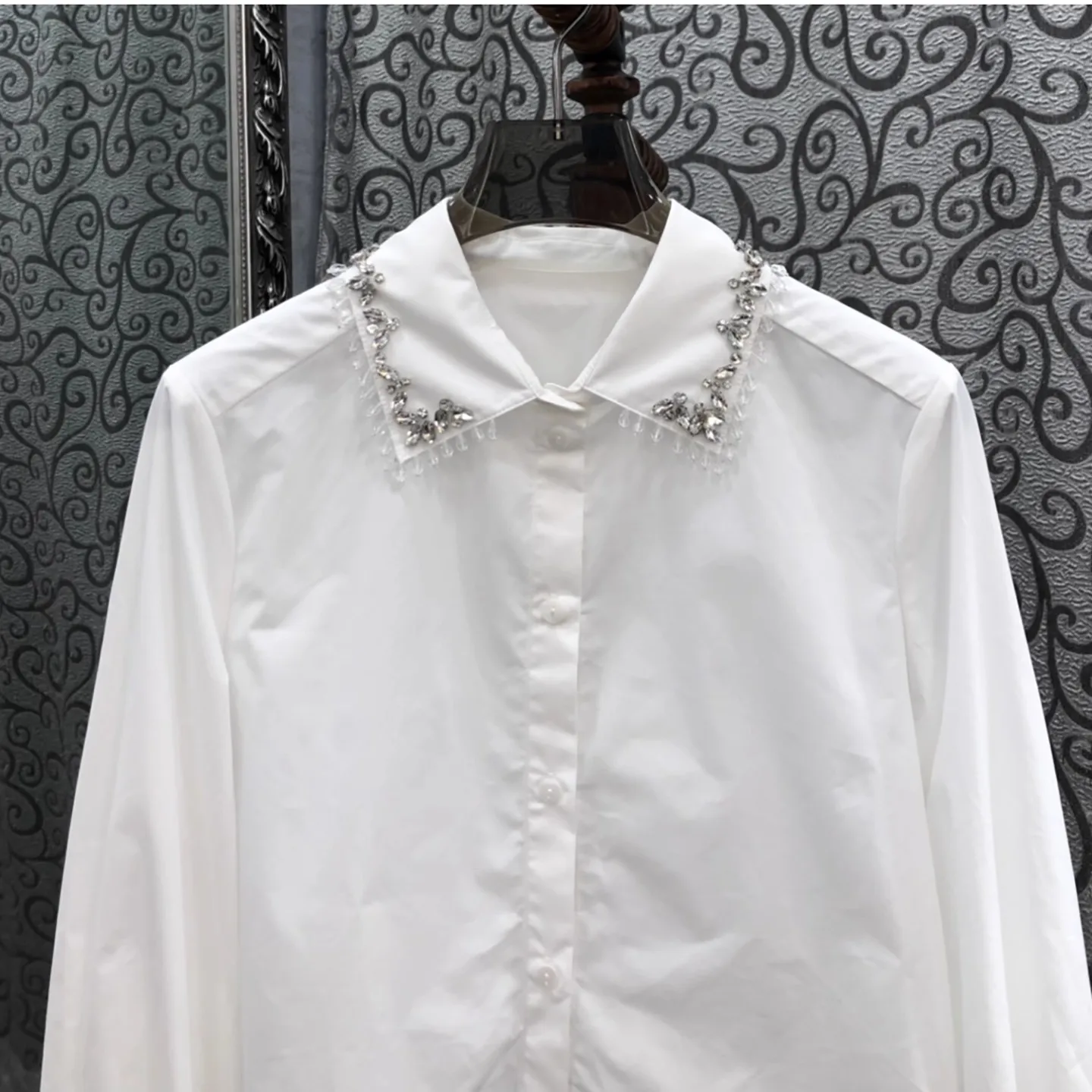 100% camisas de algodão 2025 outono moda estilo feminino turn-down colarinho cristal miçangas deco manga longa casual designer camisas brancas