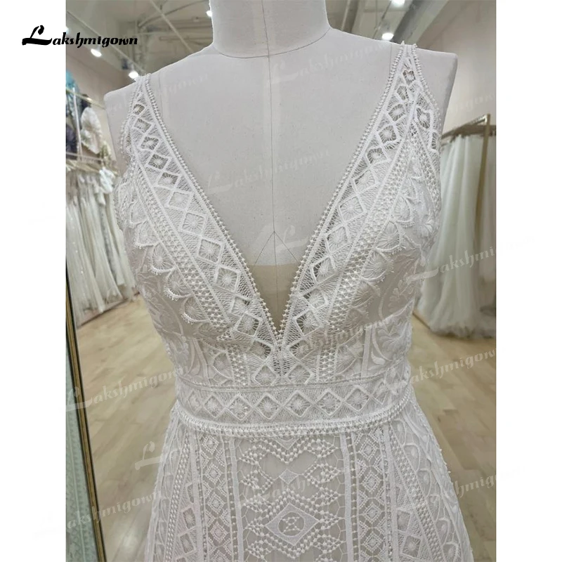 Boho A-Line Wedding Dress For Women Sexy V-neck Spaghetti Straps Open Back Bride Gown Lace Sweep vestido de novia robe de mariée