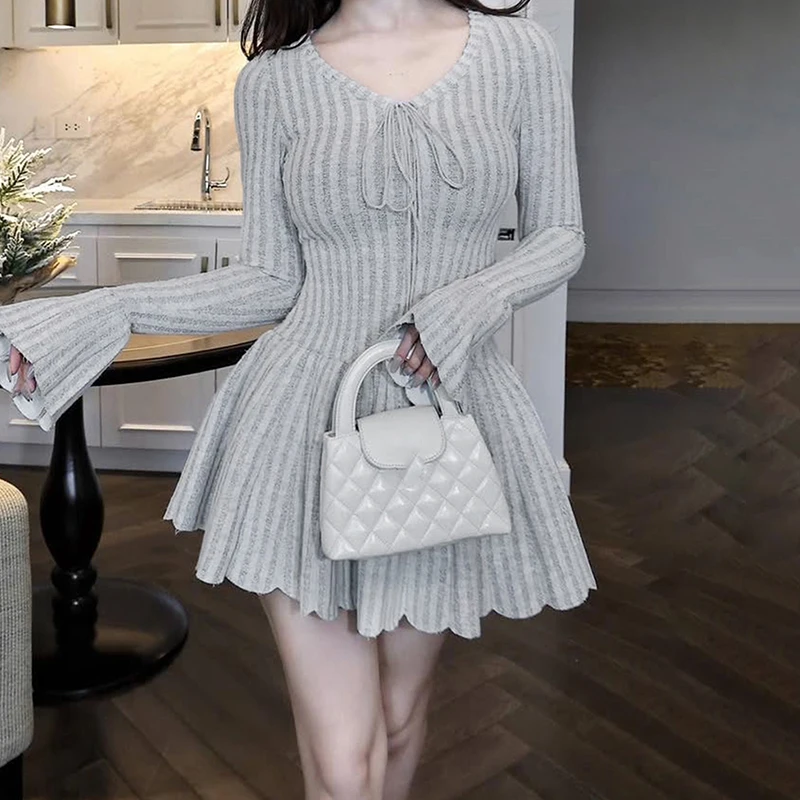 

Basic Solid Ribbed A-Line Dress Casual Bandage V-Neck Long Flare Sleeve Mini Dresses For Women 2025 Autumn Winter Fashion Lady