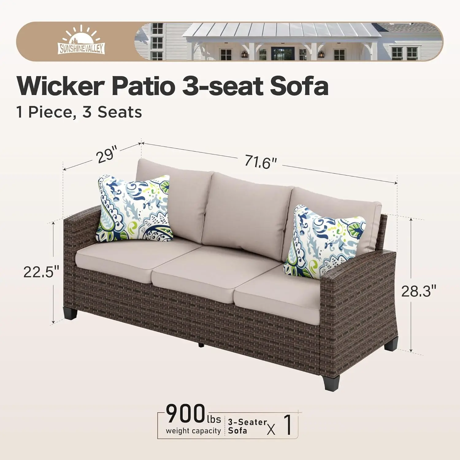 Outdoor Patio 3-seat Wicker Rattan Patio Sofa，Outdoor Brown Premium Patio Furniture with 4