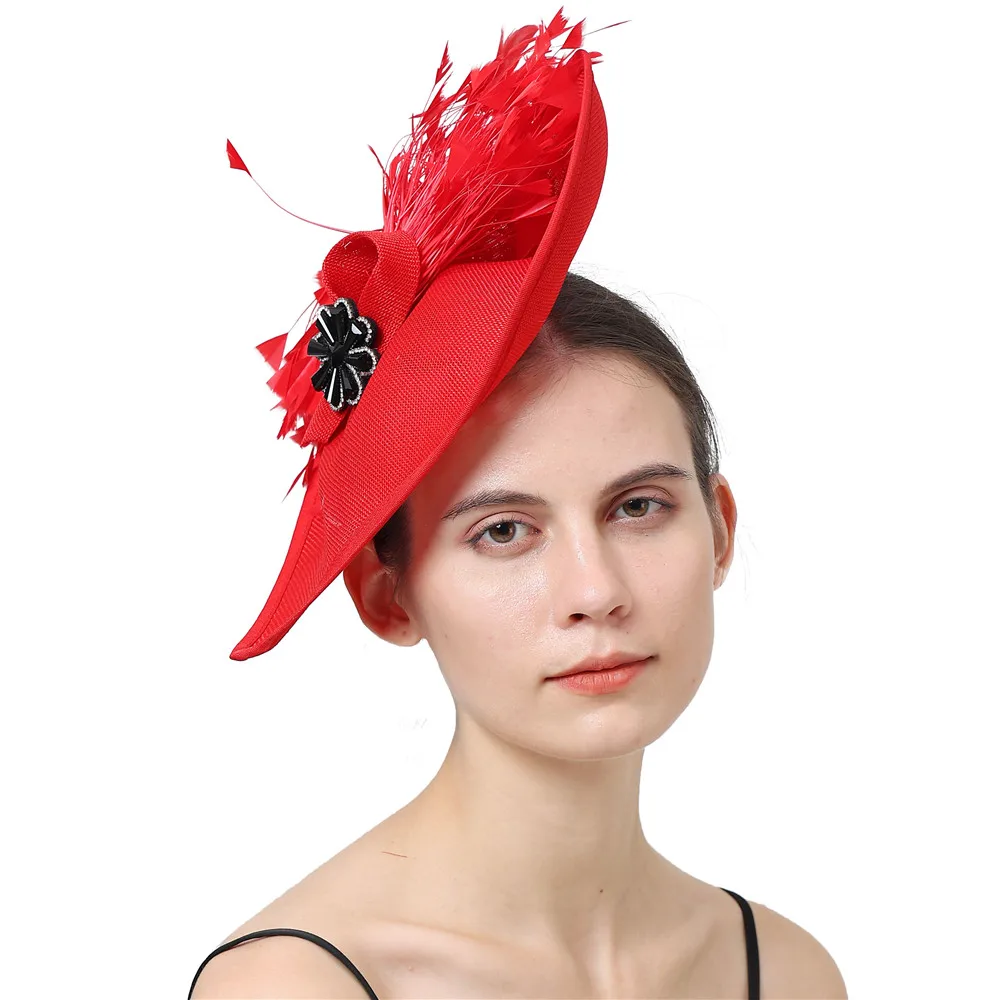 

Vintage Black Imitation Linen Fascinators Flower With Red Feather Ladies Chapeau Hat Weddings Church Fedora Pillbox Hat Derby