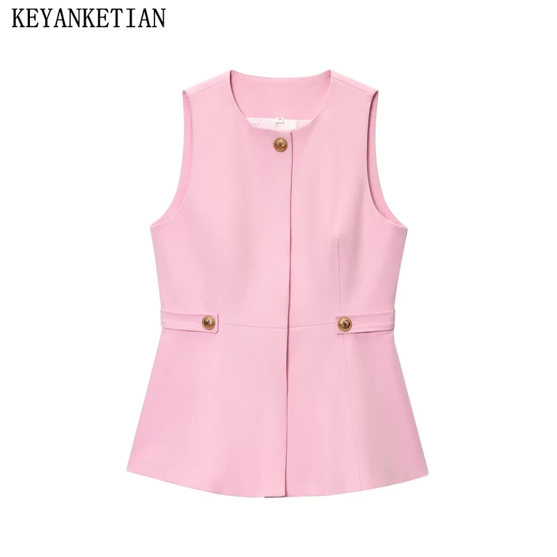

KEYANKETIAN 2025 New Women's Pink suit vest Office Lady O-Neck Single Breasted Slim Design Sleeveless Top A Line Waistcoat