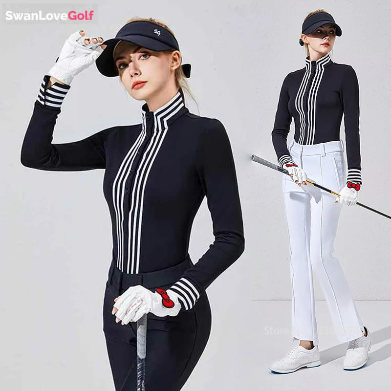 

SG Women Golf Clothing Autumn Winter Stand Collar Striped Shirts British Style Long-sleeved Golf T-shirt Warm Sports Polo Tops