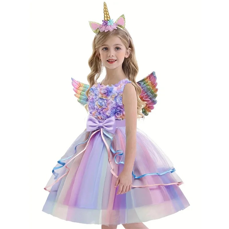 

Kids Ruffles Flower Unicorn Rainbow Princess Tutu Dress+Colorful Wing For Baby Girls Banquet Birthday Carnival Party Photo Shoot