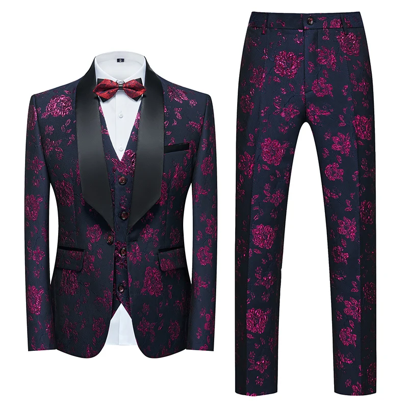 Blue Jacquard Fabric Suit 3 Piece， Men\'s Fashion Slim Fit Blazer Jacket Trousers Vest, Spring  Autumn New Men Sets, Asian Size