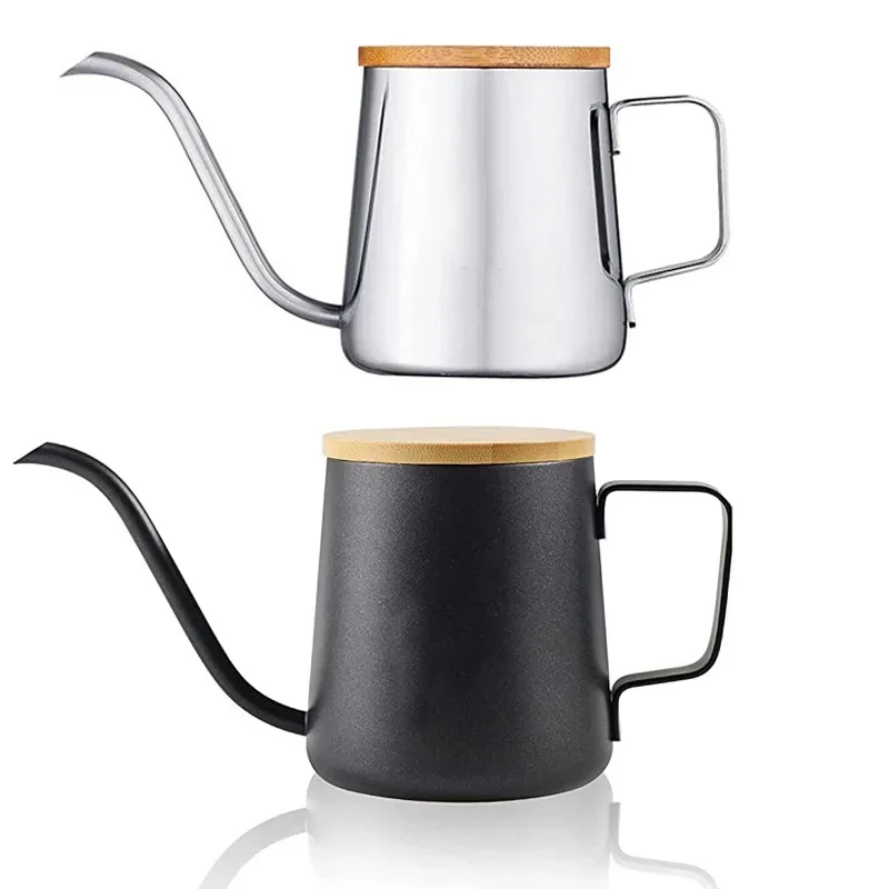 Chaleira de gotejamento de 250ml 350ml, bule de chá de café com tampa de bambu, chaleira de gotejamento de pescoço de ganso de aço inoxidável, café expresso, chá, leite