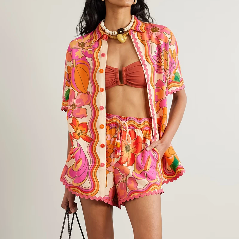 

Women Fashion Single Breasted Beach Outfit Colorful Printed Short Sleeved Shirt Set New Summer Holiday Elastic Waist Shorts Suit