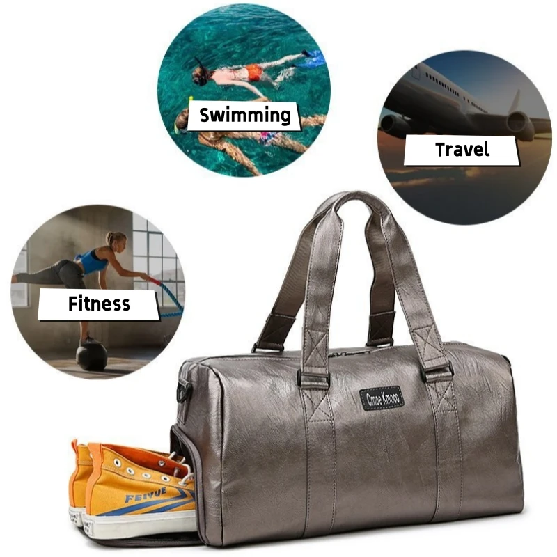 PU Leather Gym Bag with Shoe Compartment & Wet Pocket Sport Large Capacity Outdoor Travel Bag for Men Women Daily Shopping Bag