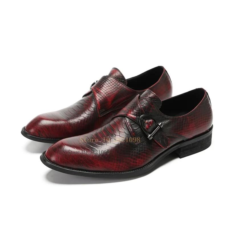 

Red Wine Leather Crocodile Pattern Buckle Strap Male Flats Men Business Dancing Dress Shoes Square Toe Outdoor Shoes