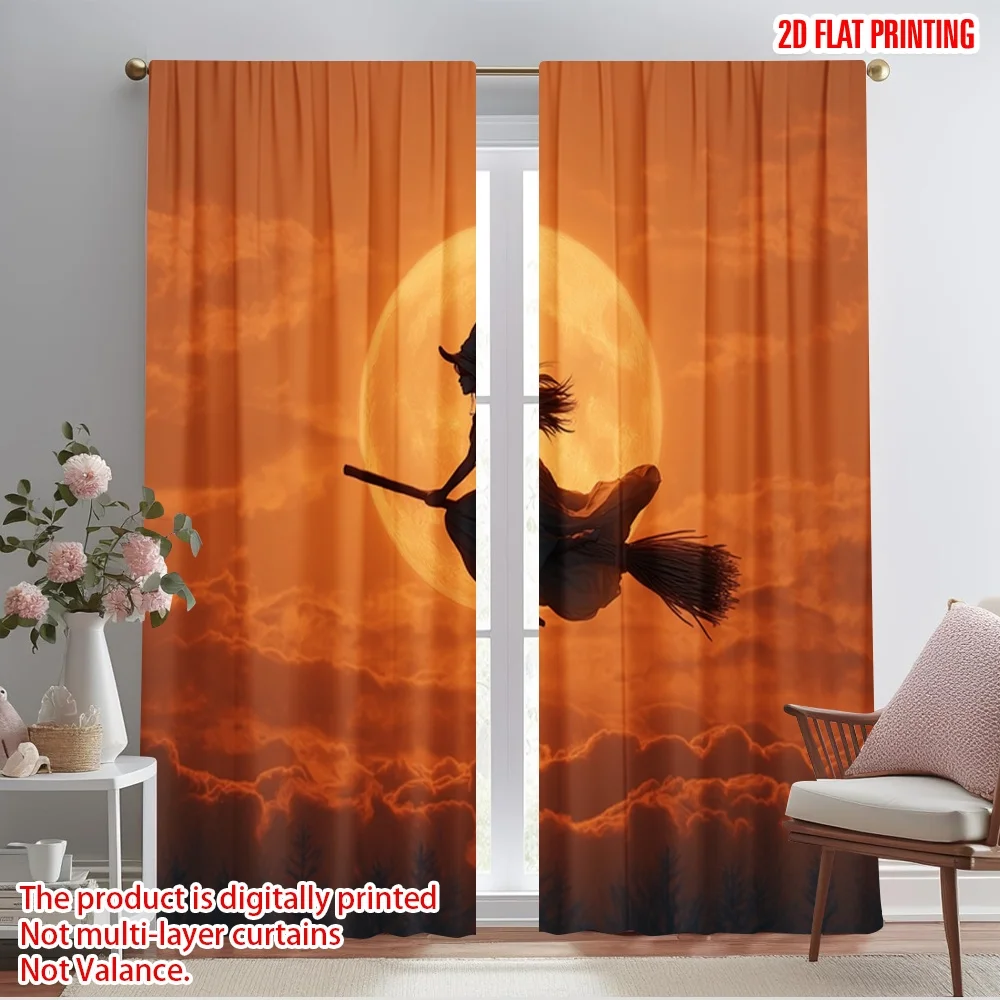2pcs,2D plane printing Contemporary Curtains Halloween Witch Flying on Broomstick Versatile Durable Polyester (without rod) All