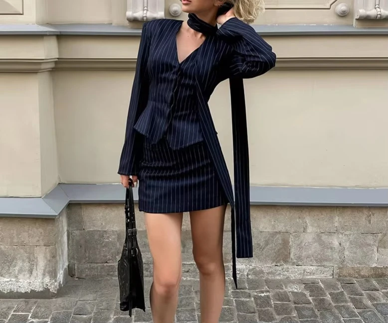 Women Striped 2 Piece Suit Set V Neck Ribbon Slim Blazer Top A LineSkirt Autumn Office Commuter Outfit