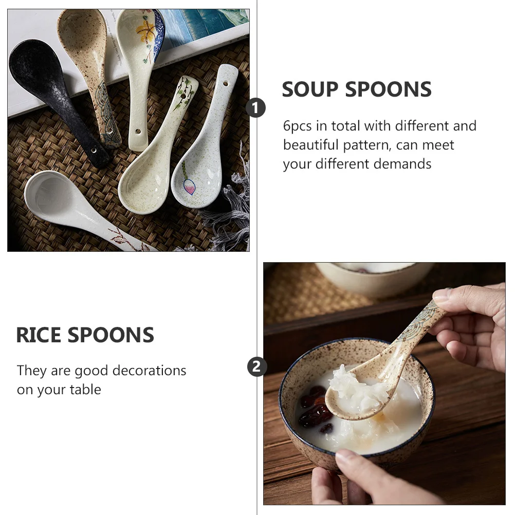 

6Pcs Ceramic Japanese Style Soup Spoons Assorted Patterns Practical for Home Restaurant Kitchen Use Soup Spoons