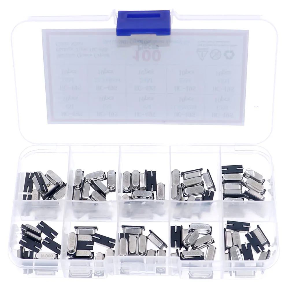 100pcs 10Values HC-49S Quartz Resonator SMD Crystal Oscillator Kit 4MHz 6MHz 8MHz 12MHz 16MHz 24MHz 25MHz 48MHz 2Pin