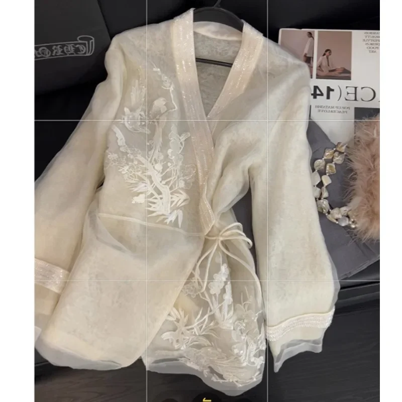 Fashion Chinese Style Embroidery Shirt Women's Mesh Fairy Gentle Style 2026 New Gentleman's Feelings Tops Shirt V-neck Pattern