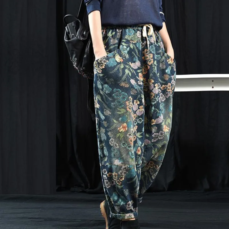 Casual Denim Harem Pants For Women Loose High Waist Baggy Jeans Spring Autumn Vintage Floral Print Trousers