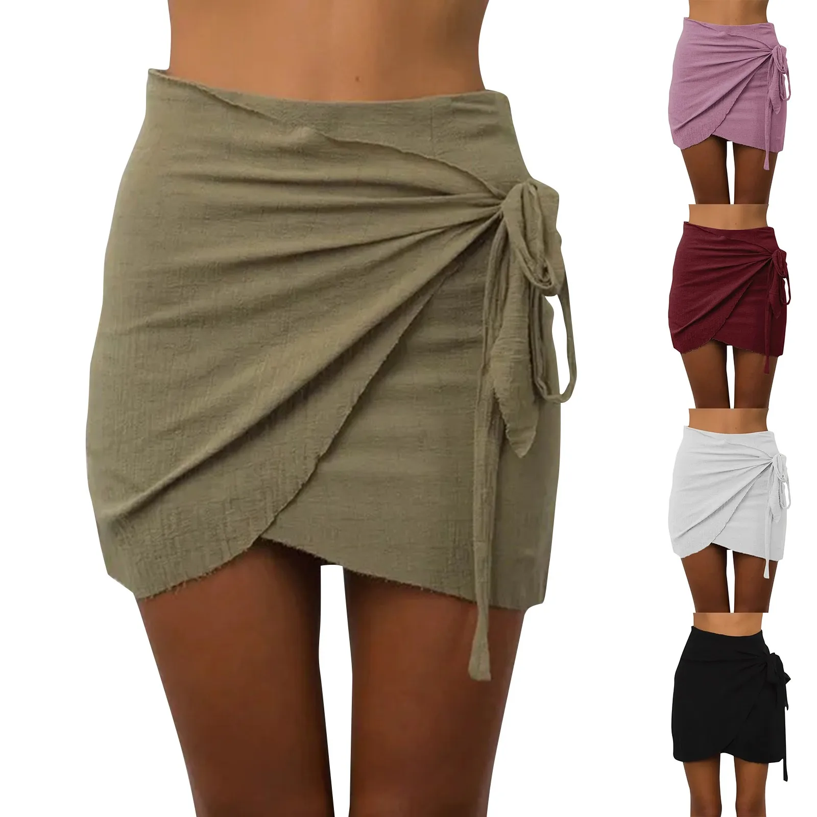 Fashion Lace-Up Wrap Skirts Casual Classic Cotton And Linen Solid Color Skirts Irregular Sexy Mid Waist Hip-Lifting Mini Skirts