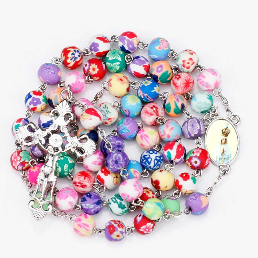 Neue Religionskreuz-Anhänger-Rosenkranz-Halsketten für Frauen, bunte, weiche Keramikperlen, lange Kette, Schmuck mit der Jungfrau Maria – Detail 5