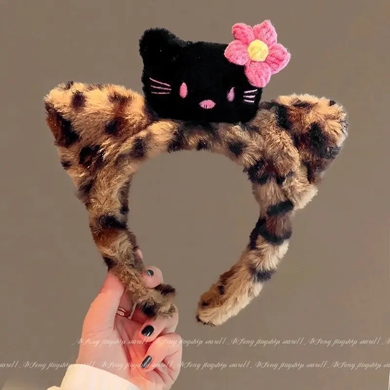 New Leopard Print Hello Kitty Plush Black Cat Hair Headband Girl's Face Wash Headband Headband Children's Hair Accessories