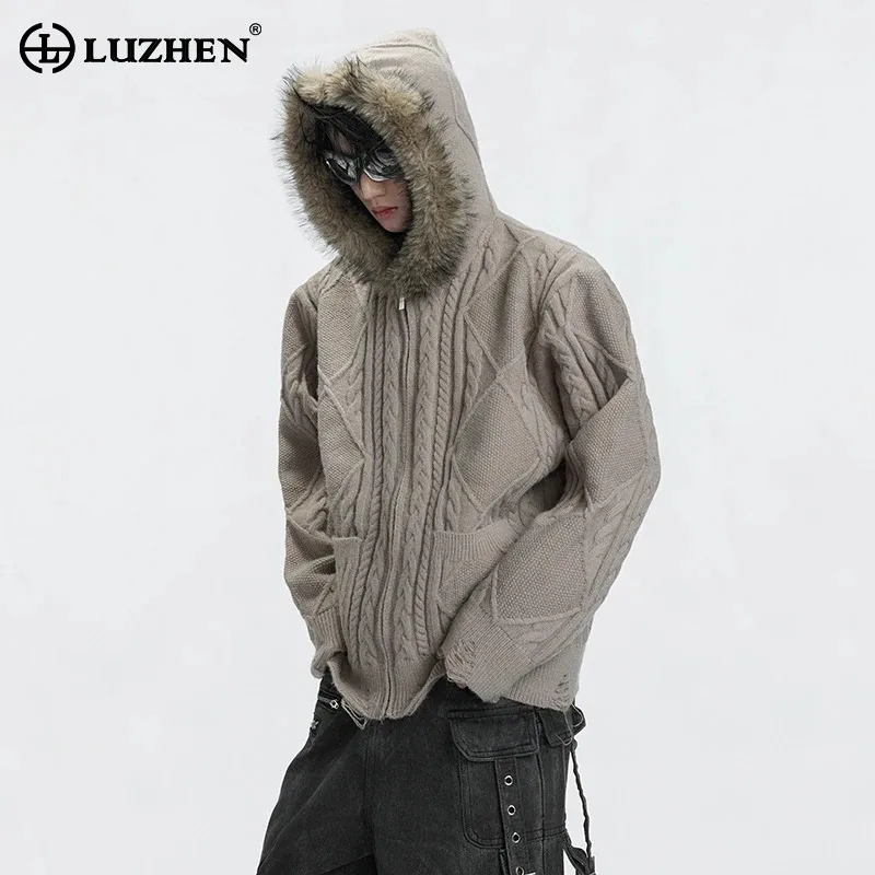 

LUZHEN 2025 New Stylish Handsome Weave Pattern Fur Hooded Knitted Zipper Cardigan Coat Men's Fashion Solid Color Sweater JY5627