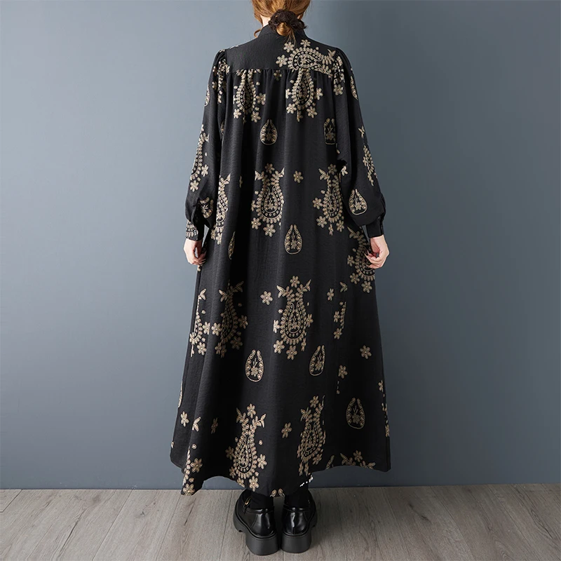 秋ファッション 大きいサイズ イルト ドレス スタンドカラー プリント プリーツ スプライシング ミディ丈 イルト ドレス コットン ポリエステル ロングスリーブ