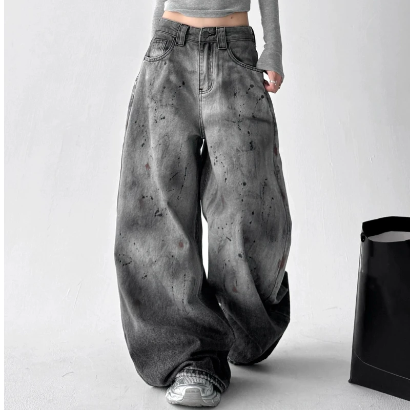 Women's Grey Baggy Y2k Emo Jeans Vintage Harajuku Graffiti Jean Pants Japanese 2000s Style Grunge Oversize Denim Trousers Autumn