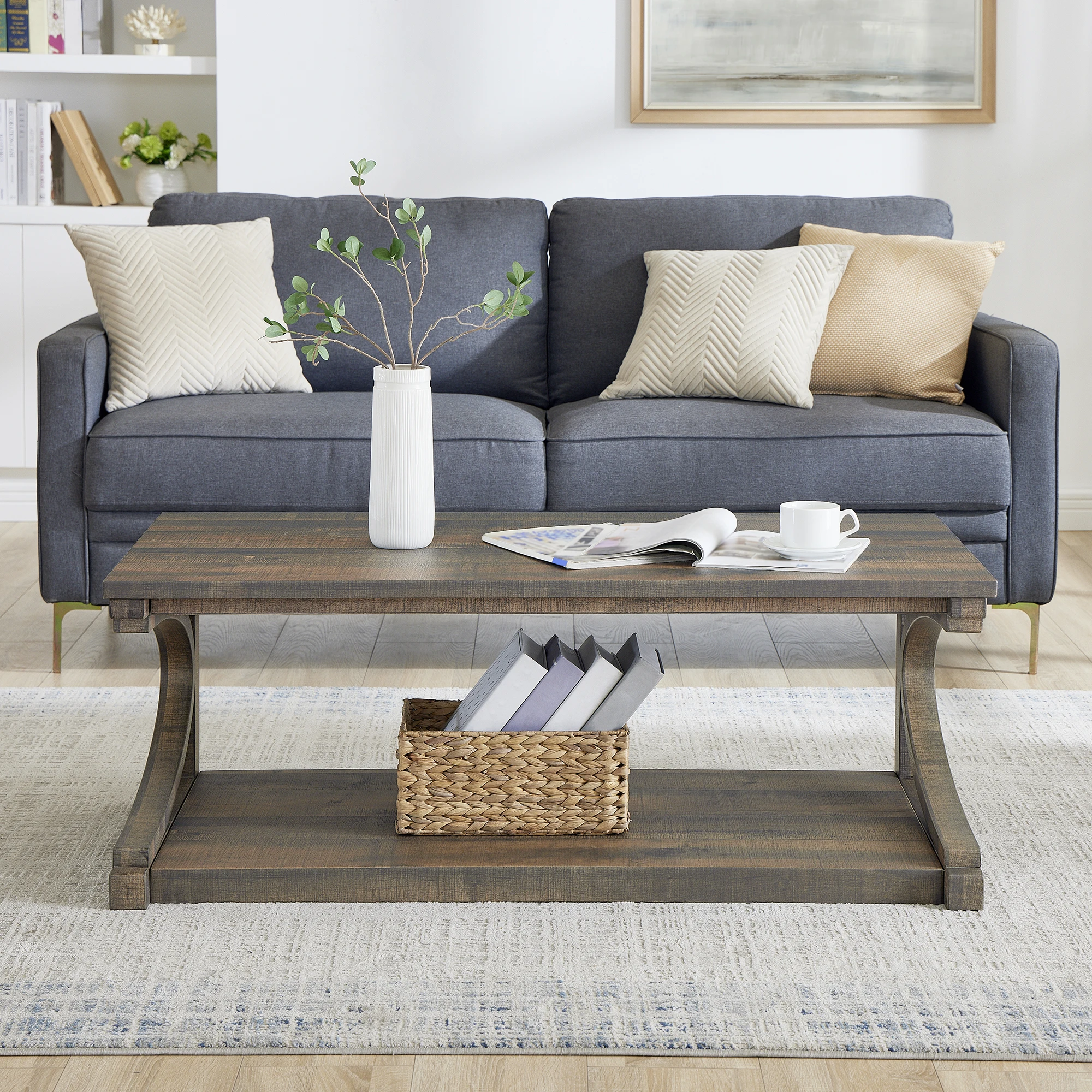 Table basse unique en bois massif avec rangement, design moderne de forme spéciale pour le salon et la salle à manger, 48 po