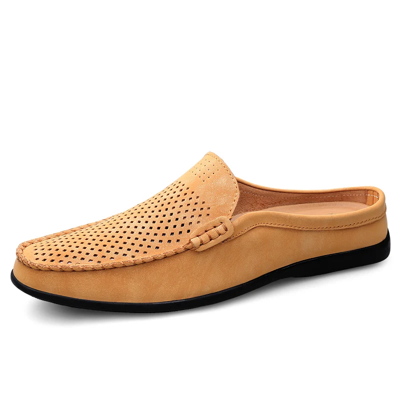 Summer Slip On Half Shoes For Men Leather Slippers Casual Mules Breathable Comfy Loafers Moccasins Yellow Black Beige