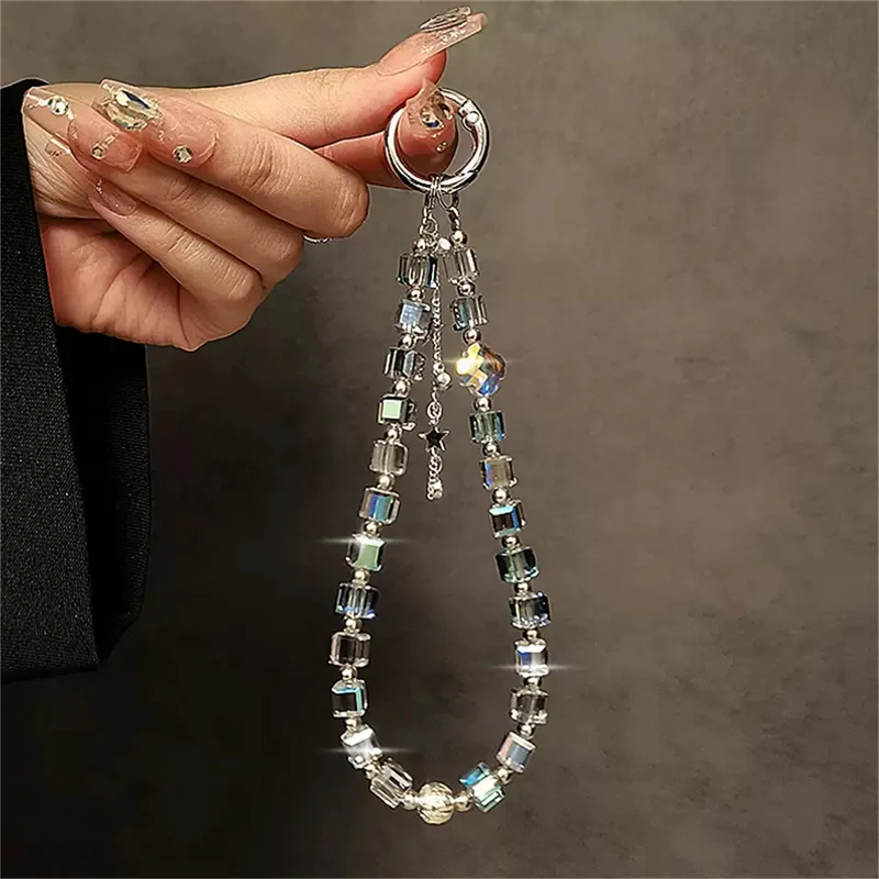 Luxury Sparkle Crystal Tassel Star Clear Beads Hand Chain Wrist Short Lanyard With Clip Mobile Phone Case Keychain Pendant Chain