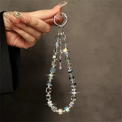 Luxury Sparkle Crystal Tassel Star Clear Beads Hand Chain Wrist Short Lanyard With Clip Mobile Phone Case Keychain Pendant Chain