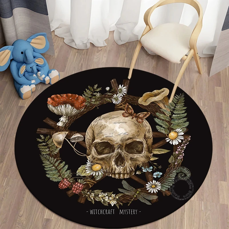 Mysterious Skull Head Flower Round Rug Gothic Skeleton Carpet for Home Living Room Bedroom Fashion Chair Rugs Non-slip Floor Mat