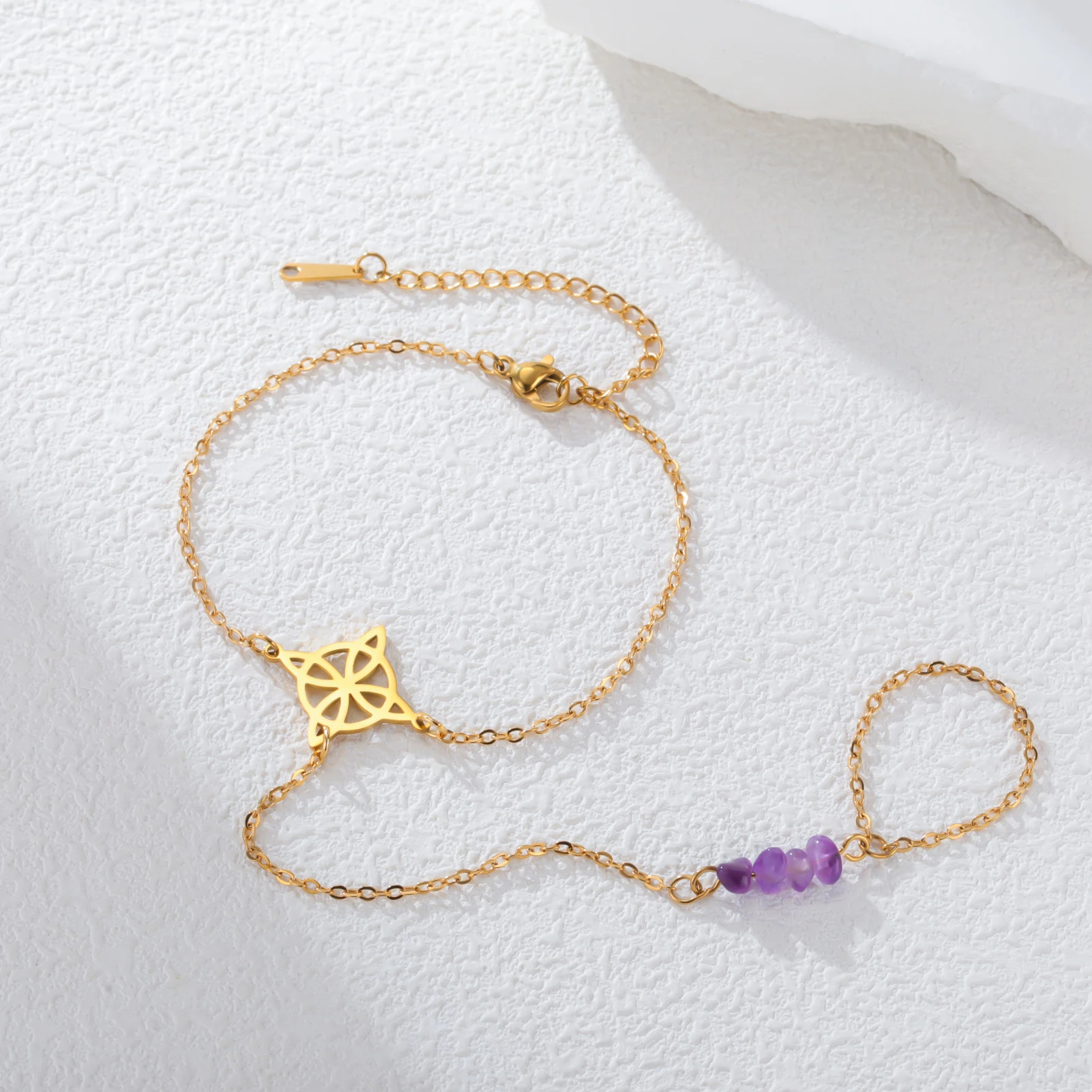 Skyrim Purple Crystal Witch Knot Finger Bracelet Women Stainless Steel Gold Color Bracelets Witchcraft Amulet Jewelry Gift